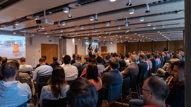 Picture of the presenters and audience at the keynote session of Azure Bootcamp Switzerland 2022