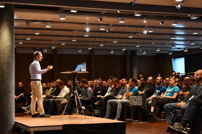 Picture of the presenters and audience at the keynote session of Azure Bootcamp Switzerland 2023